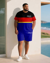 Big & Tall Men Black & Red & Blue Color Matching Chest Small Logo Printed Crew Neck Short Sleeve T-shirt Shorts Suit